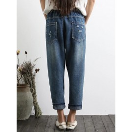 Women Casual Embroidery Drawstring Waist Denim Jeans with Pockets