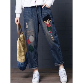 Cartoon Embroidery Hollow Elastic Drawstring Waist Denim Jeans