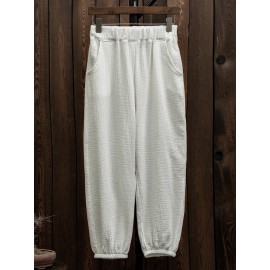 Women Casual Elastic Waist Loose Solid Color Pants with Pockets