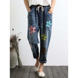 Women Casual Embroidery Drawstring Waist Denim Jeans with Pockets