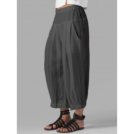Women High Waist Loose Casual Wide Leg Pants Solid Color Trousers