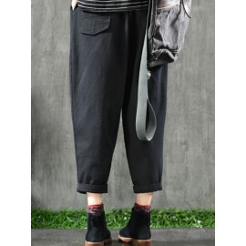 Women Vintage Elastic Waist Pockets Cotton Pants