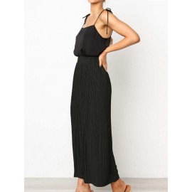 Women Casual Pleated Solid Color Elastic Waist Trouser Pants