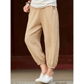 Women Casual Elastic Waist Loose Solid Color Pants with Pockets