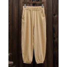 Women Casual Elastic Waist Loose Solid Color Pants with Pockets