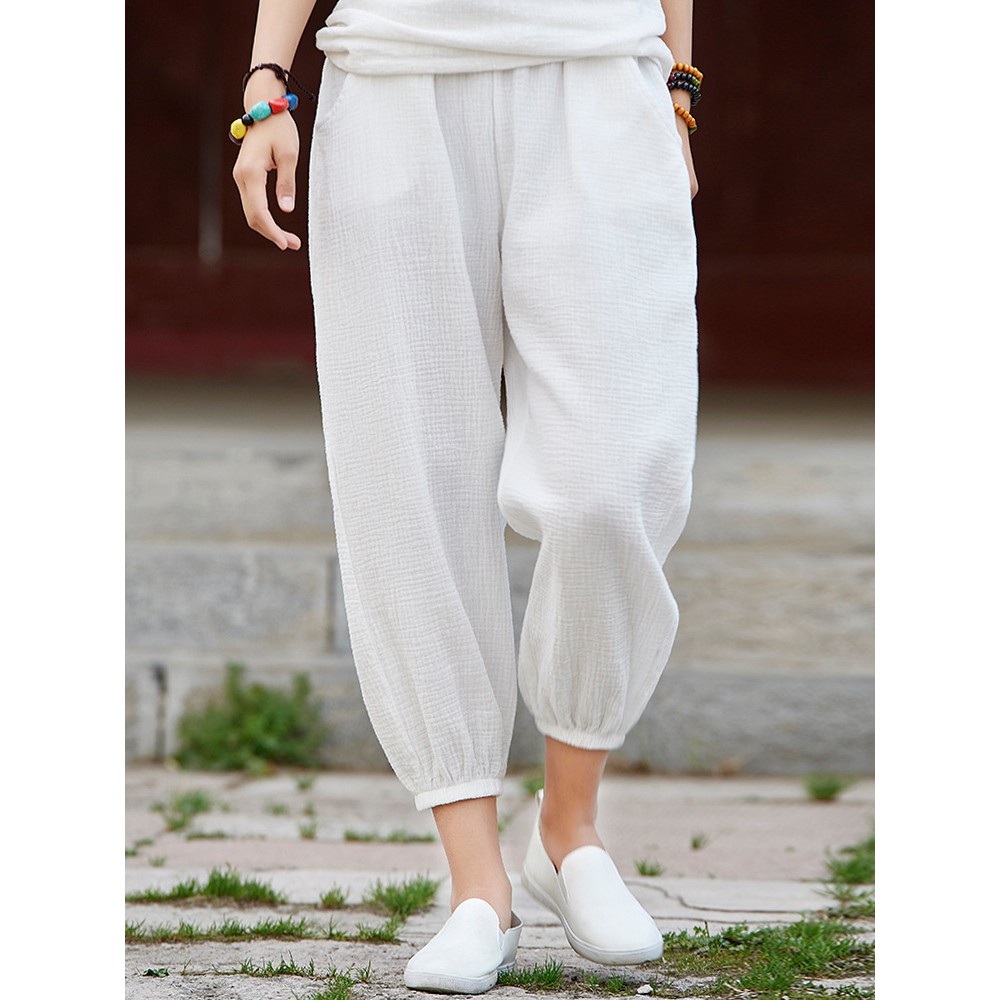 Women Casual Elastic Waist Loose Solid Color Pants with Pockets