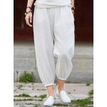 Women Casual Elastic Waist Loose Solid Color Pants with Pockets