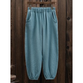 Women Casual Elastic Waist Loose Solid Color Pants with Pockets