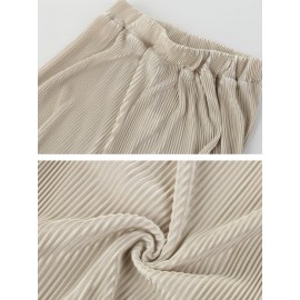 Women Casual Pleated Solid Color Elastic Waist Trouser Pants