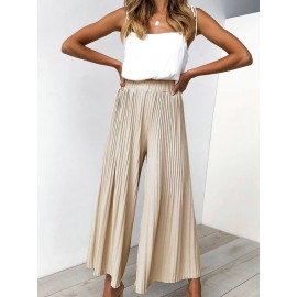 Women Casual Pleated Solid Color Elastic Waist Trouser Pants